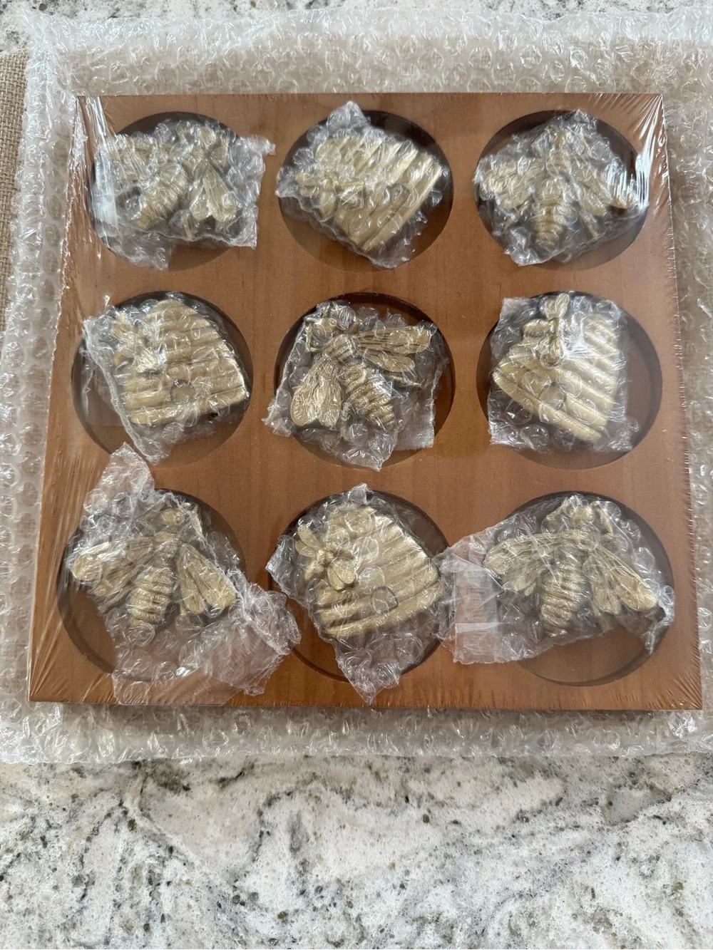 Brass Bee & Beehive Tic Tac Toe Game with Wooden Holder